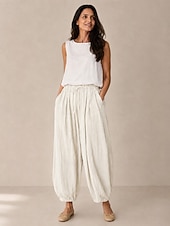 baratos Coleção de Linho Premium-Calça lanterna feminina de linho orgânico com cintura elástica e bolsos.
