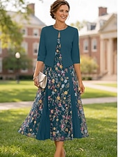 billige Mammas kjolesett-Todelt A-linje Te-lengde Gjestekjole til bryllup Kjole til brudens mor Kortermet 3/4 ermer V-hals Elegant Enkel Luksuriøs Formell Bryllupsgjest Blonder Stretch Crepe med Blonder Broderi