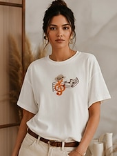 abordables T-shirt Boho-T-shirt musicale brodé 100 % coton pour femmes T-shirt d'été élégants vintage mode à manches courtes col rond haut régulier décontracté quotidien plage blanc été printemps automne hiver