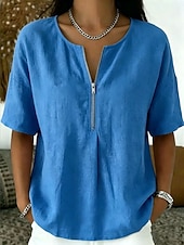  Mulheres Camisa Social Blusa Zíper Côr Sólida Elegante Férias Moda Manga Curta Colarinho de Camisa Tops regulares Casual Azul cor laranja Preto Rosa Vermelho Verão Primavera