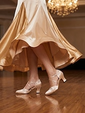 abordables Ballroom Shoes &amp; Modern Dance Shoes-Women's Light Pink Rhinestone Satin Ballroom Dance Shoes – Closed Toe Dance Heels with Crystal Accents &amp; with Cross Straps for Waltz, Foxtrot, Tango &amp; Social Dancing