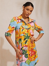 ieftine Tipăriți rochii florale-Rochie tip cămașă din satin mătăsos Summer Escape