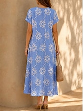 ieftine Rochii florale-Pentru femei Rochii Midi Rochie cu broderie florală Rochie de vară De Bază Clasic Zilnic Vacanță Potrivire Largă Floral Manșon scurt În V Albastru piscină Alb Vară Primăvară