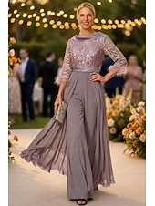economico Tute della mamma-Tuta Completo Pantalone Lunghezza al pavimento Abito da cerimonia per signora Mezza Manica Collo gioiello Elegante Vintage Ospite di nozze Chiesa Chiffon con Piuma Paillettes Applicazioni