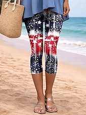  American Independence Day Women's Leggings Vacation Vintage Fashion Capris High WaistPants Graphic Flag Printing Print Comfort Soft Breathable Stretchy Casual Daily Office Pink and Blue White / Red