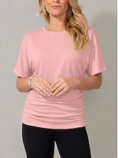 cheap Plain tee-Women's T Shirt Tee Top Ruched Plain Stylish Short Sleeve Batwing Sleeve Crew Neck Regular Tops Casual Daily Going out Black Yellow Pink Purple Green Summer Spring