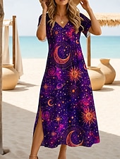 economico Abiti casual-Per donna Abito maxi Abito a trapezio Casual Ferie Data Vestibilità regolare Floreale Grafico Leopardo Manica Corta Scollo a V Giallo Viola Verde Estate Primavera