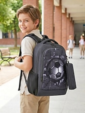 abordables Sacs à dos pour Enfants et Adolescents-Ensemble sac à dos de football pour garçon, sac d'école imperméable en polyester avec trousse, grand sac à dos à compartiments multiples, imprimé football bleu et noir pour l'école, les voyages, le