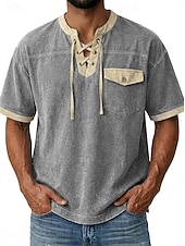 abordables camisetas basicas-Hombre Camiseta Camisa vaquera Camisa 100% algodón con lavado ácido Manga Corta cuello con cordones Otoño invierno Primavera Otoño Plano Vintage Ropa de calle Casual Bolsillo Lavado Casual Hogar Calle