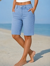 preiswerte Jeans-Damen Jeans Jeansstoff Shorts Burmuda Shorts Mode Knielang Hohe Taille Klassisch Komfort Urlaub Formell Hellblau Grau Sommer Frühling Normale Passform