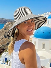 cheap Women's Hats-Women's Striped Foldable Sun Hat, Wide Brim Polyester Beach Hat for Women, Packable Summer Travel Vacation Cap, Elegant UV Protection Hat