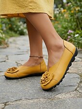 cheap Women's Flats-Women's Yellow Floral Ballet Flats – Soft Slip-On Comfort Shoes with 3D Flower Detail and Flexible Non-Slip Sole  for Walking, Travel, Shopping and Everyday Wear