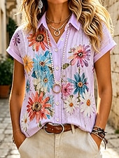 preiswerte Blumenblusen-Damen Hemd Knöpfe Druck Blumen Grafik Täglich Stilvoll Lässig Kurzarm Hemdkragen Normale Oberteile Lässig Täglich Blau Weiß Purpur Sommer Frühling