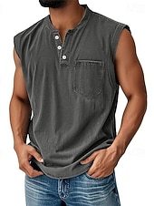  Canotta vintage da uomo, 100% cotone, lavaggio acido, canottiera, maglietta senza maniche, senza maniche, henley, estate, tinta unita, stilista, basic, tasche, bottoni, vacanza, strada, maglietta nera per uomo