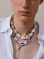 billiga Herrsmycken-herrskal &amp;Halsband med träpärlor i 4 delar, strandsmycken i lager med hajtandshänge, bohemiskt halsband i kustnära surfstil för semester, resor, festivaler och sommarens vardagskläder