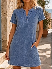 economico Vestito bianco-Per donna Abito al ginocchio Abito lavato 100% cotone Essenziale Classico Quotidiano Vacanza Vestibilità regolare Semplice Manica Corta Girocollo Blu Estate Primavera