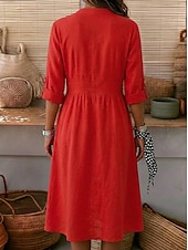 abordables Vestidos-Mujer Vestido hasta la Rodilla Vestidos de lino y algodón Vestido de Camisa Elegante Vacaciones Clásico Diario Oficina Vacaciones Ajuste regular Plano Manga Larga Escote en Pico Rojo Azul Marino