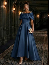 abordables A-Line Evening Dresses-A-Line Asymmetrical Evening Gown Elegant Glittering Mother Of The Bride Short Sleeve Square Neck Wedding Formal Satin Cowl Back with Pleats Crystals Beading