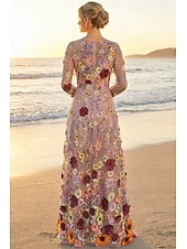 preiswerte Bodenlänge-A-Linie Kleid Bodenlang Brautmutterkleid Langarm Rundhalsausschnitt Elegant Vintage Einfach Formell Hochzeitsgast Semi-Formal Spitze Tüll mit 3D-Blumen Stickerei Applikationen