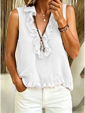 ieftine Bluze simple-Pentru femei Cămașă Cămașă Boho Cămașă casual Zdrobit Bufantă Culoare solidă Simplu Elegant Boemia Vacanță Fără manșon În V Topuri lungi Casual Zilnic Sfârșit de săptămână Albastru piscină Negru Alb