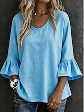  Damen Hemd Bluse Einfarbig Elegant Lässig Dreiviertelarm Glockenärmel Rundhalsausschnitt Normale Oberteile Lässig Weiß Gelb Himmelblau Violett Dunkelgray Sommer Frühling