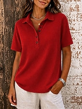  Femmes Tunique Boutons Couleur Unie ancien Élégant Classique Manche Courte Col de chemise Hauts Longs Occasionnel Quotidien Bleu Noir Blanche Rose Claire Rouge Été Printemps