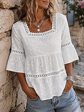 abordables Lace Tops-Women's Lace Splicing Top Ruched Texture Ruffle Elegant 3/4 Length Sleeve Square Neck Casual White Summer Spring