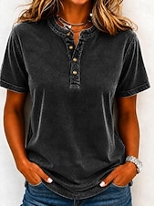 economico Bluse Semplici-softfade™ maglietta henley da donna 100% cotone stile vintage alla moda elegante maniche corte top regolari casual spiaggia blu kaki nero viola arancione primavera