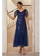  Women's Mermaid Trumpet Cocktail Dress Wedding Guest Dress Ankle Length V Neck Short Sleeve Petal Sleeve High Waist Vintage 1980s Mother Of The Bride Party with Mesh Lace Glitter Flared Tulle Hem