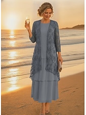 economico Set di abiti per la mamma-Due Pezzi Linea ad A Lunghezza alla caviglia Abito da cerimonia per signora Manica 3/4 Mezza Manica Scollo Tondo Elegante Semplice Lussuoso Formale Ospite di nozze Chiffon Pizzo Abiti con Giacca con