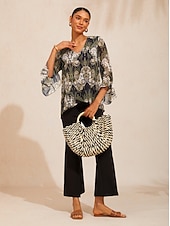 economico Bluse Floreali-Top in chiffon svolazzante con stampa floreale mandala verde.