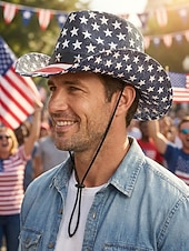  Patriotischer Western-Cowboyhut für Herren, Strohhut aus Polyester mit USA-Flagge und verstellbarem Kinnband, weiß-khakifarbener Sommerhut für Rodeo-Feiern am 4. Juli, dem amerikanischen