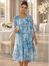 economico Set di abiti per la mamma-Due Pezzi Linea ad A Lunghezza al ginocchio Abito da invitata a nozze Largo Abito da cerimonia per signora Mezza Manica Scollo Tondo Elegante Semplice Casual Formale Ospite di nozze Ferie Chiffon Con