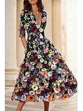 economico Abiti da cocktail-Linea ad A Lunghezza Tè Abiti da Cocktail Abiti da festa Elegante Vintage Floreale Mezza Manica Scollo a V Matrimonio Formale Vestito Rosa Raso con Ricamo Tasca