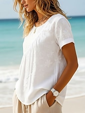  Women's T Shirt Embroidered Floral Graphic Plants Fashion Short Sleeve Crew Neck Long Tops Casual Beach White Summer Spring