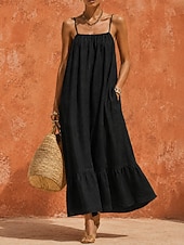 Per donna Abito maxi Abiti di lino Abito Boho Vintage Vacanza Vestibilità comoda Semplice Senza Maniche Spalline sottili Corallo Nero Estate