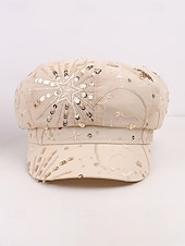 voordelige Dameshoeden-Zomerse pet met pailletten en sterrenmotief voor dames, gemaakt van ademend mesh. &amp;linnenmix, resort &amp;Platte reishoed, champagne goudbeige/wit/zwart, elegante dameshoed