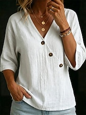  Women's Shirt Blouse Buttons Solid Color Vintage Fashion 3/4 Length Sleeve Batwing Sleeve V Neck Regular Tops Casual Space gray Caramel color White Summer Spring