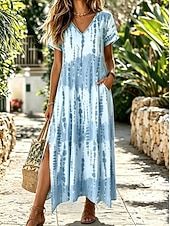 preiswerte Blumenkleider-Damen Maxikleid A Linie Kleid Lässig Täglich Ferien Date Normale Passform Grafik Abstrakt Kurzarm V Ausschnitt Blau Rosa Grün Sommer Frühling