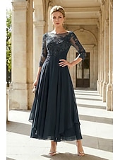 cheap Ankle Length-A-Line Ankle Length Party Dress Cocktail Dress Wedding Guest Dress Mother of the Bride Dress 3/4 Length Sleeve Jewel Neck Elegant Plus Size Wedding Guest Wedding Party Chiffon Lace with Ruched Sequin