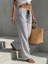 cheap Straight-Leg Pants-Women's Wide Leg Chinos Vacation Fashion Casual Daily Full Length Mid Waist Striped Comfort Inelastic Vacation Formal Blue Black Almond Red Summer Spring Loose Fit