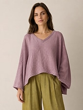 preiswerte Premium-Leinen-Kollektion-Leinenbluse für Damen mit langen Ärmeln, asymmetrischem Saum und V-Ausschnitt im Vintage-Stil, gelb, lila und beige, Herbst/Winter