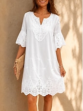 abordables White Lace Dresses-Women's Knee Length Dress Lace Dress White Dress Summer Dress Elegant Fashion Beach Vacation Holiday Regular Fit Plain Half Sleeve V Neck White Summer Spring