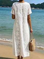  Femmes Robe Midi Robe en Dentelle Robe Blanche Robe d'été Élégant Mode Plage Vacances Fête Coupe Ample Fleuri Demi Manches Col ras du cou Blanche Été Printemps