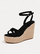 abordables Sandalias de cuña-Sandalias de cuña tipo alpargata para mujer, sandalias de plataforma con tiras y hebilla en el tobillo, zapatos bohemios de verano para la playa, cruceros y vestidos.