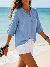 economico Bluse Semplici-Per donna 100% cotone Camicia button-down Tessuto Ricamato Bottoni Vintage Scollo a V Top lunghi Casuale giallo verde Rosa Blu reale Viola Estate Primavera