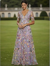 abordables Largo del piso-Corte A Vestidos Hasta el Suelo Vestido de Fiesta Vestido Cóctel Vestido de Madrina Media Manga Escote Elegante Vintage Lujoso Formal Invitado a la boda El derby de Kentucky Tul con Estampado flor