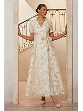 preiswerte Polished Edit-Damen A-Linie Cocktailkleid Kleid für Hochzeitsgäste Knöchellänge Revers Kurzarm Empire-Taille Elegant Vintage Mutter der Braut Formell mit Jacquard Gürtel Blumig Champagner