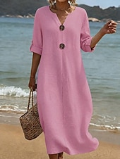 abordables Robe Simple-Femmes Robe maxi Robe Décontractée Robe d'été Basique Classique Quotidien Vacances Coupe Ample Uni Manche 3/4 Col en V Blanche Rose Claire Bleu Ciel Vert Été Printemps