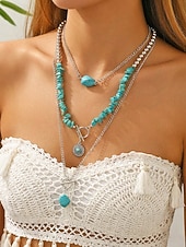 abordables Collar de mujer-Conjunto de collar de turquesa en capas para mujer, joyería boho de piedra natural con cadena de aleación de plata, regalo de moda de verano para mujeres maduras, playa, resort, fiesta en el jardín,